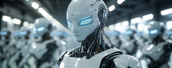 Poster - Group of robots standing in futuristic factory setting