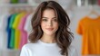 © tonpreecha - A close-up of a happy woman in a white T-shirt with a clean round neck, framed by colorful T-shirt mockups. Shot with a 54 mm lens and precise studio lighting. Ultra-Realistic, Photo Realistic,