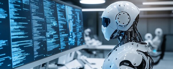Leinwandbilder - Advanced ai robot analyzing complex code on multiple computer screens in futuristic monitoring room