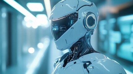 Poster - Futuristic robot exploring modern laboratory or spaceship corridor