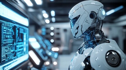 Poster - Advanced white robot working with futuristic computer in digital control room