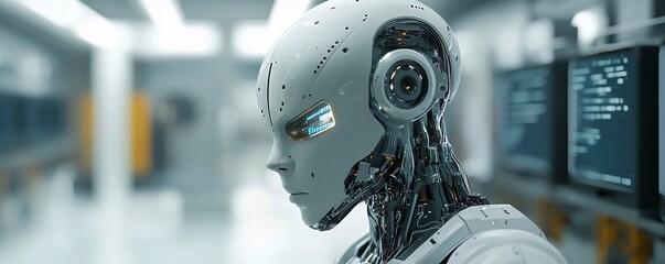 Poster - Humanoid robot analyzing data in futuristic laboratory setting