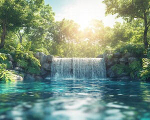 Canvas Print - Discover a hidden paradise with this stunning image of a waterfall cascading into a vibrant turquoise jungle pool Experience the tropical vacation mood and bask in the sun-dappled greenery This