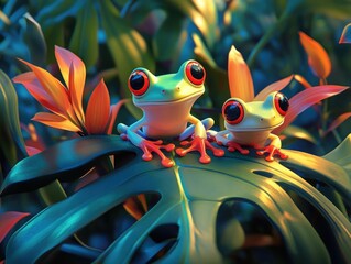 Canvas Print - Discover the enchanting world of vibrant, colorful frogs perched on glowing leaves within an exotic tropical forest Immerse yourself in vivid and mystical details, where nature's artistry comes to