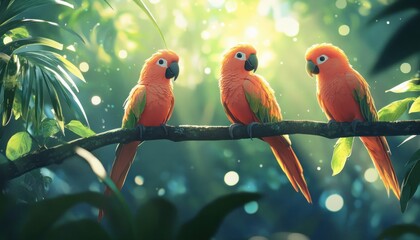 Canvas Print - Experience a vibrant tropical paradise with these stunning parrots perched gracefully on lush tree branches Dive into the heart of wildlife exploration and feel the relaxation of a tropical vacation