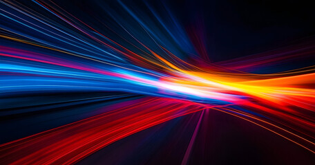 Wall Mural - speed of light: abstract streaks of vibrant red, orange, and blue light trails blur across a dark hi