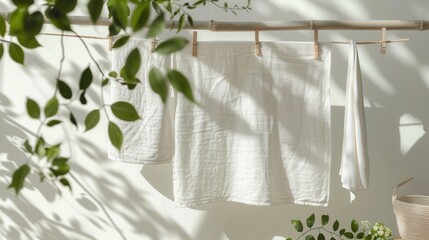 Aufkleber - Freshly washed linen hanging on a clothesline in a sunlit outdoor area surrounded by greenery. Generative AI
