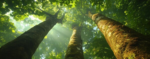 Canvas Print - Explore the breathtaking view of towering trees in a pristine rainforest, an exotic tropical forest with an untouched and lush canopy This serene image shows nature's grandeur with sunlight filtering