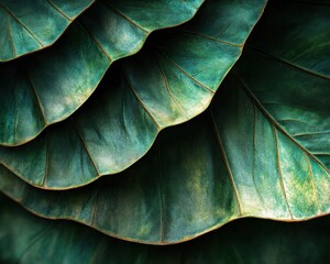 Explore dramatic tropical textures formed by layered palm leaves and subtle shadows, a captivating close up of nature's artistry Lush green botanical patterns display intricate details and a vibrant