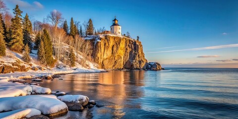 Wall Mural - shoreline of lake superior on the northern shore in winter with split rock lighthouse in the backgro