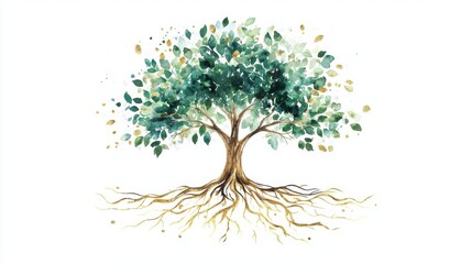 A beautiful watercolor painting of a tree with lush green leaves and intricate roots, symbolizing growth and nature's beauty.