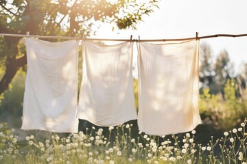 Poster - Freshly washed linen drying on a clothesline in the sun under a clear blue sky in a tranquil outdoor setting. Generative AI