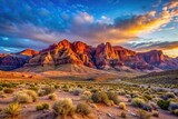 Silhouette desert landscape in Nevada with red rock canyon at evening