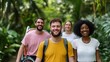 © GreenMOM - A joyful group of friends hiking together in a lush green forest, enjoying nature and each other's company.