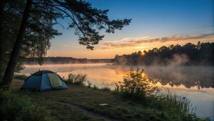 Wall Mural - scenic camping tent pitched on a tranquil lake shore, illuminated by golden sunrise light, surrounde