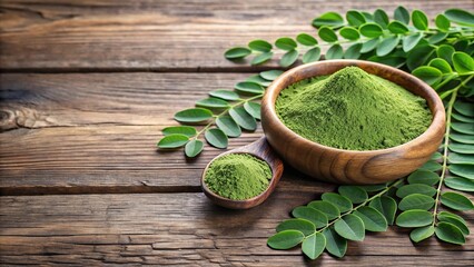 Wall Mural - Silhouette Moringa powder in wooden bowl with fresh and dried leaves on wooden background