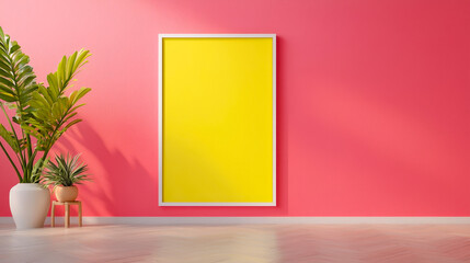 Leinwandbilder - Bright yellow frame against a pink wall with a plant adds a cheerful touch to the contemporary interior design