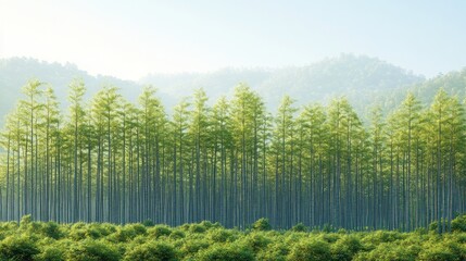 Wall Mural - Lush green forest with tall trees in a row, extending to a mountain range in soft morning light.