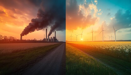 A sidebyside comparison of a polluted coal plant with dark smoke and a clean energy field with wind turbines under bright skies