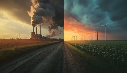 A sidebyside comparison of a polluted coal plant with dark smoke and a clean energy field with wind turbines under bright skies