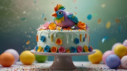 Wall Mural - a rainbow cake with colourful bird and flowers on it