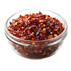 Wall Mural - Extreme front view of a red pepper flakes in a small glass bowl isolated on a white transparent background