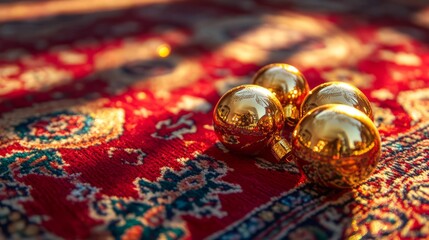 Red and gold baubles, ribbons, and stars arranged in a festive holiday display
Golden stars, baubles, and ribbons lying on a cozy Christmas backdrop
Golden Christmas baubles resting on a traditional f