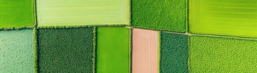 Wall Mural - Aerial view of vibrant green fields, showcasing distinct patches of varying shades and textures, highlighting agricultural land use.