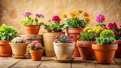 Wall Mural - Clay Flower Pots, White Table, Beige Wall - Pottery, Still Life, Home Decor Photography