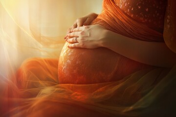 Wall Mural - Hands gently cradling a beautiful pregnant belly wrapped in soft fabric during golden hour. Generative AI