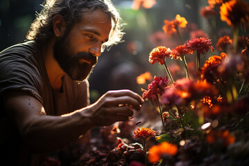 Wall Mural - man take care of flowers in garden