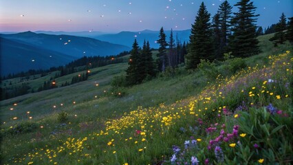 Wall Mural - floating sky lanterns create a magical atmosphere over a vibrant wildflower meadow, illuminating the