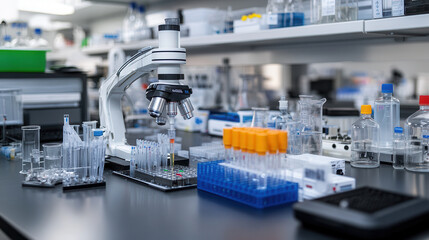 modern laboratory with microscope, test tubes, and scientific equipment on clean workspace