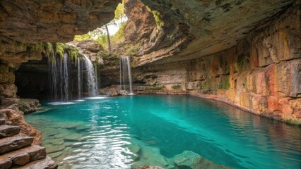 Wall Mural - sunlight illuminates a stunning waterfall cascading into a vibrant turquoise pond within a rocky cav