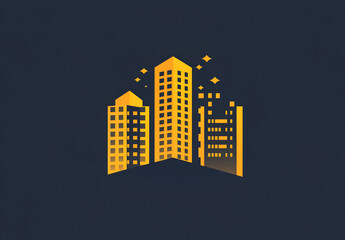 logo three buildings, in a yellow color scheme on a dark blue background.