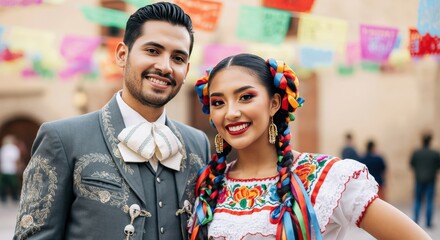 Hispanic couple in traditional mexican attire celebrating cultural festival