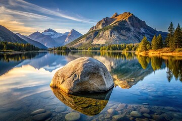 Wall Mural - smooth reflection of a big rock with mountains in the background reflected