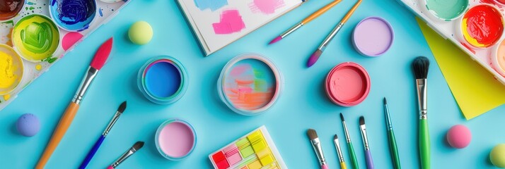 Aufkleber - Colorful assortment of educational art materials on a blue workspace table featuring brushes, paints and sketchbooks. Generative AI