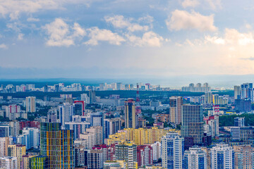 Aerial view of the modern city of Yekaterinburg, Russia. Beautiful city landscape. Can be used as illustrations and backgrounds in articles about traveling around the Urals.