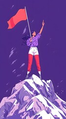 A woman standing on top of a mountain, holding up her hand with an iron flag in it. The illustration is in a flat style