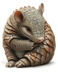 Wall Mural - a realistic cartoon illustration of a shy armadillo curled into a ball, textured armor and tail detailed, isolated on white, full-frame