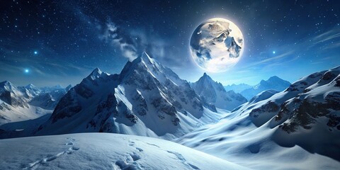 Wall Mural - snowy mountain landscape with glowing moon at tilted angle