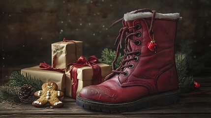 Canvas Print - Red boot with gifts, gingerbread, pine, and snow.