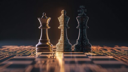 One half of chess piece standing on chessboard  and other one filled with programming code 