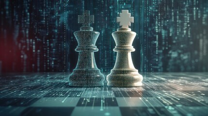 One half of chess piece standing on chessboard  and other one filled with programming code 