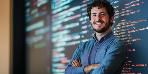 Male developer standing confidently in front of a screen filled with programming code