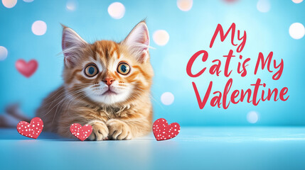 Wall Mural - Cute kitten with big blue eyes, surrounded by red hearts and playful Valentine’s Day text on a blue background