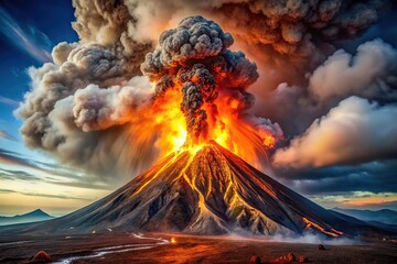 spectacular volcanic eruption with burning lava and smoke