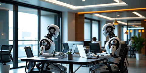 Wall Mural - AI Co-Working Space - Humans and robots brainstorming together in a sleek futuristic office. backdrop background digital art crisp oilpinting minimalist sharp details funny background copyspace