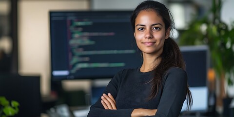 Portrait of female web developer standing confidently in tech workspace, smiling, professional shot